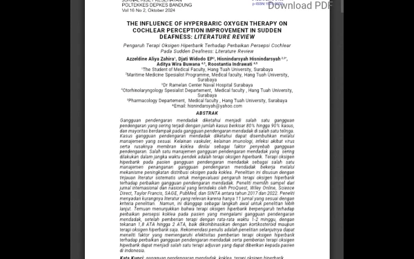 Foto jurnal berjudul The Influence Of Hyperbaric Oxygen Therapy on Cochlear Perception Improvement in Sudden Deafness Peresensi Maufiroh Nurhidayah. (Foto: Dok. Pribadi)