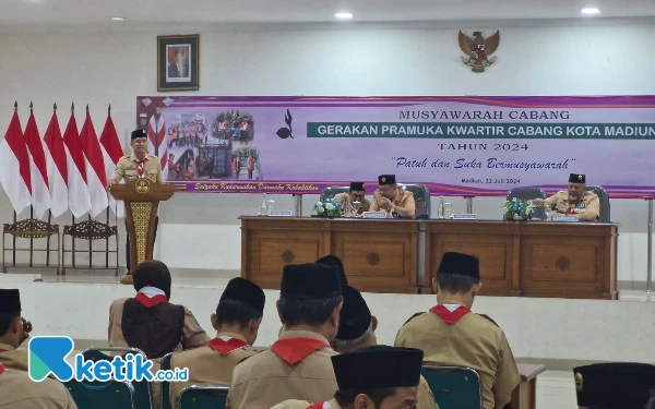 Foto Wakil Sekretaris Kwarda Pramuka Jawa Timur Kiagus Firdaus saat membuka Muscab di kota Madiun / ( foto : ketik.co.id)