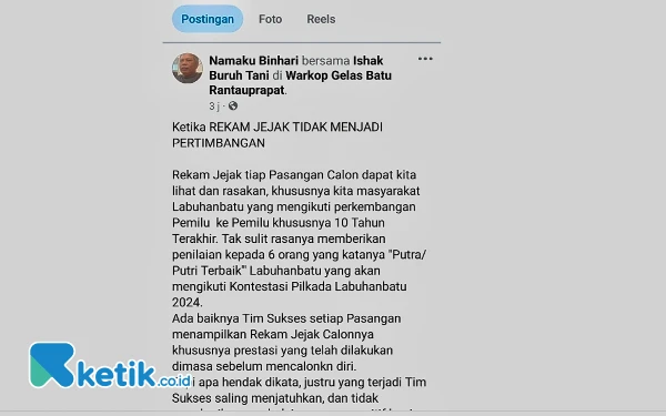 Foto Screenshot postingan akun Facebook Namaku Binhari yang berisikan pesan terkait Pilkada Labuhanbatu. (Foto: Joko/Ketik.co.id)