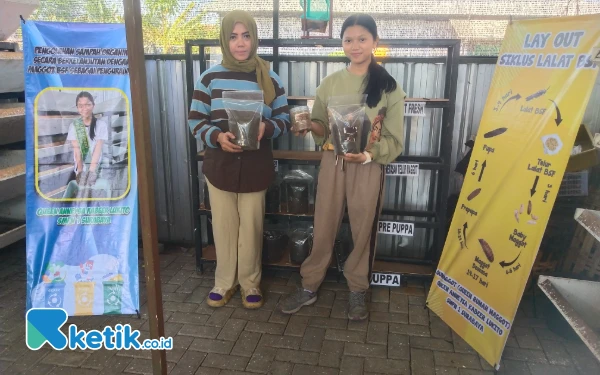 Foto Queen Anneysa bersama mamanya di rumah magot, tempat budidaya.  (foto : Sutejo / ketik.co.id)