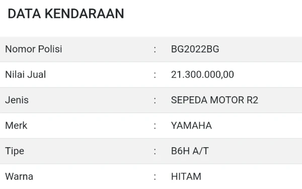 Foto Tangkapan layar dari laman e-Dempo Samsat Sumatera Selatan. Di laman tersebut, nopol BG 2022 BG terdaftar sebagai nopol untuk kendaraan berjenis sepeda motor roda dua. (Tangkapan layar laman e-Dempo Samsat Sumatera Selatan)