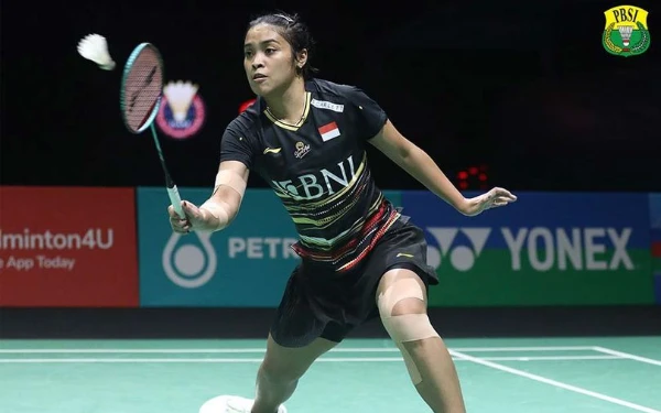 Foto Tunggalputri Indonesia Gregoria Mariska Tunjung saat tampil di Malaysia Open 2024. Langkahnya terhenti  di perempat final kalah dari wakil China, Chen Yu Fei, dengan skor 13-21, 17-21. (Foto: PBSI)