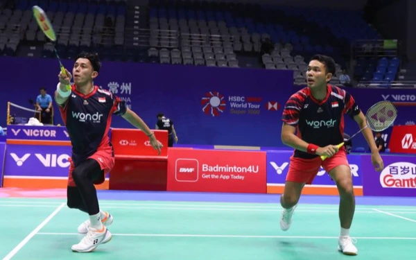 Foto Fajar Alfian/Rian Ardianto pasangan ganda putra Indonesia kala bertarung di Indonesia Open 2024. (Foto: PBSI)