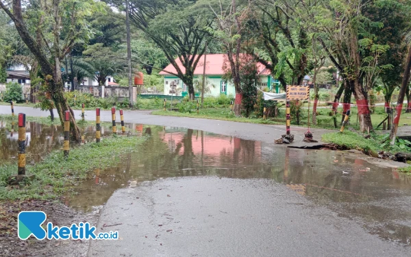 Foto Genangan Air Masih Belum Surut dan Mengancam Badan Jalan Makin Longsor (Helman/Ketik.co.id)