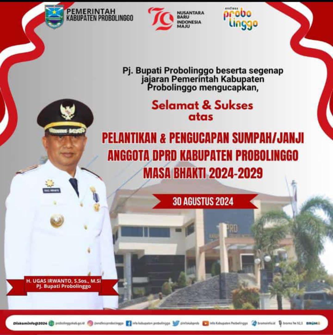 Ucapan Selamat dan Sukses atas Pelantikan & Pengucapan Sumpah/Janji Anggota DPRD Kab. Probolinggo Masa Bakti 2024-2029 oleh H. Ugas Irwanto, S.Sos., M.Si