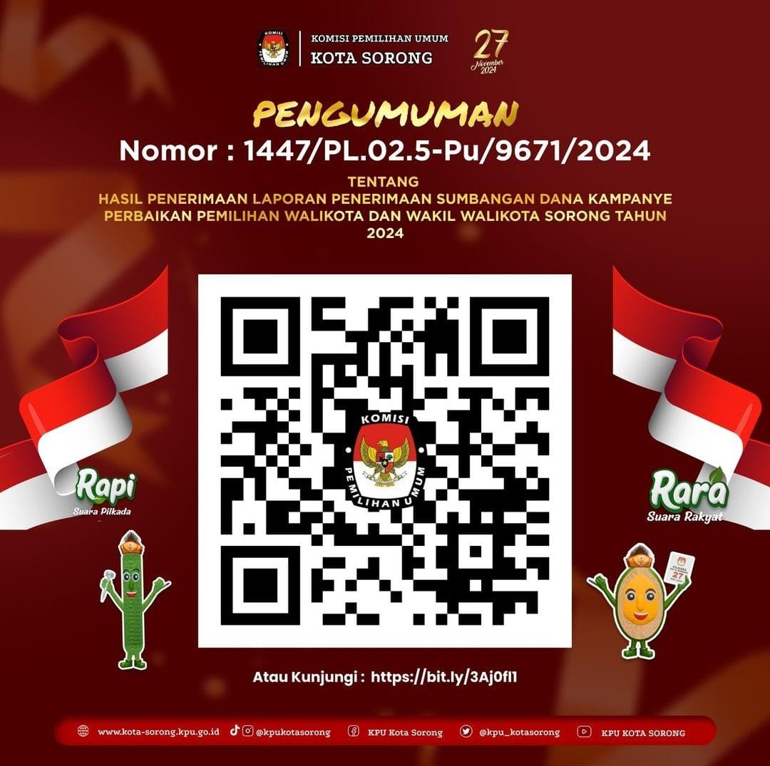 Thumbnail Pengumuman Laporan Penerimaan Sumbangan Dana Kampanye Pilwali Kota Sorong 2024