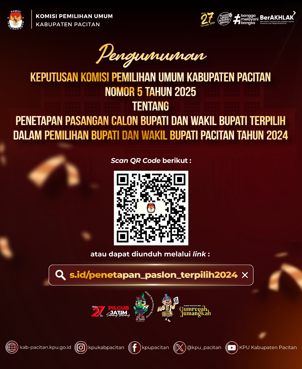 Pengumuman Keputusan KPU Kab. Pacitan No. 5 Th. 2025 tentang Penetapan Cabup dan Cawabup Terpilih Tahun 2024