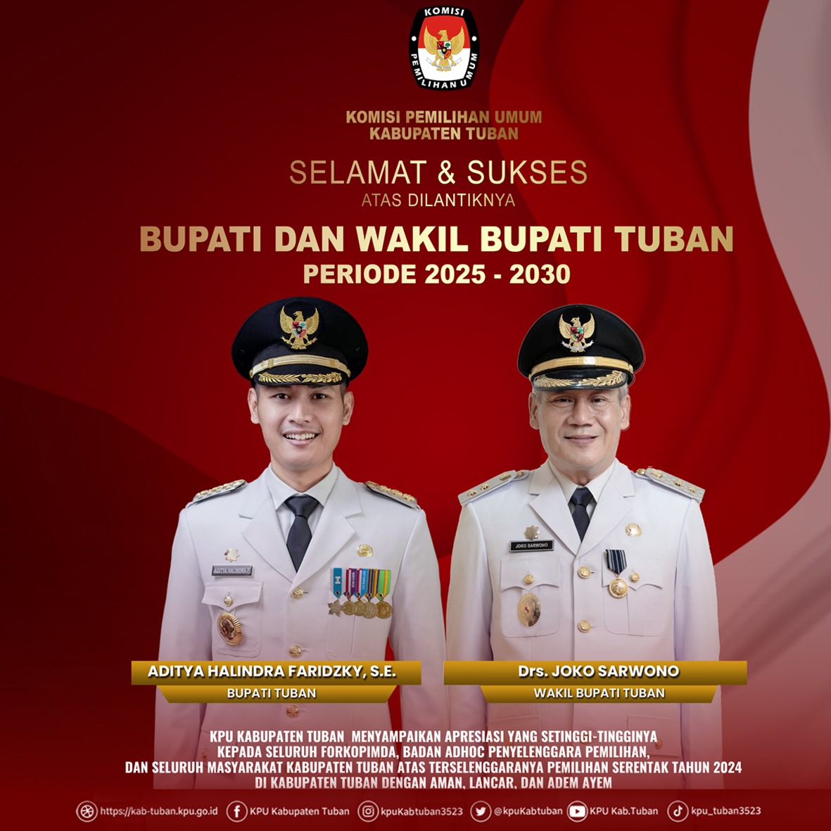 Selamat & Sukses atas dilantiknya Bupati dan Wakil Bupati Kab. Tuban Periode 2025-2030 oleh KPU Kab. Tuban