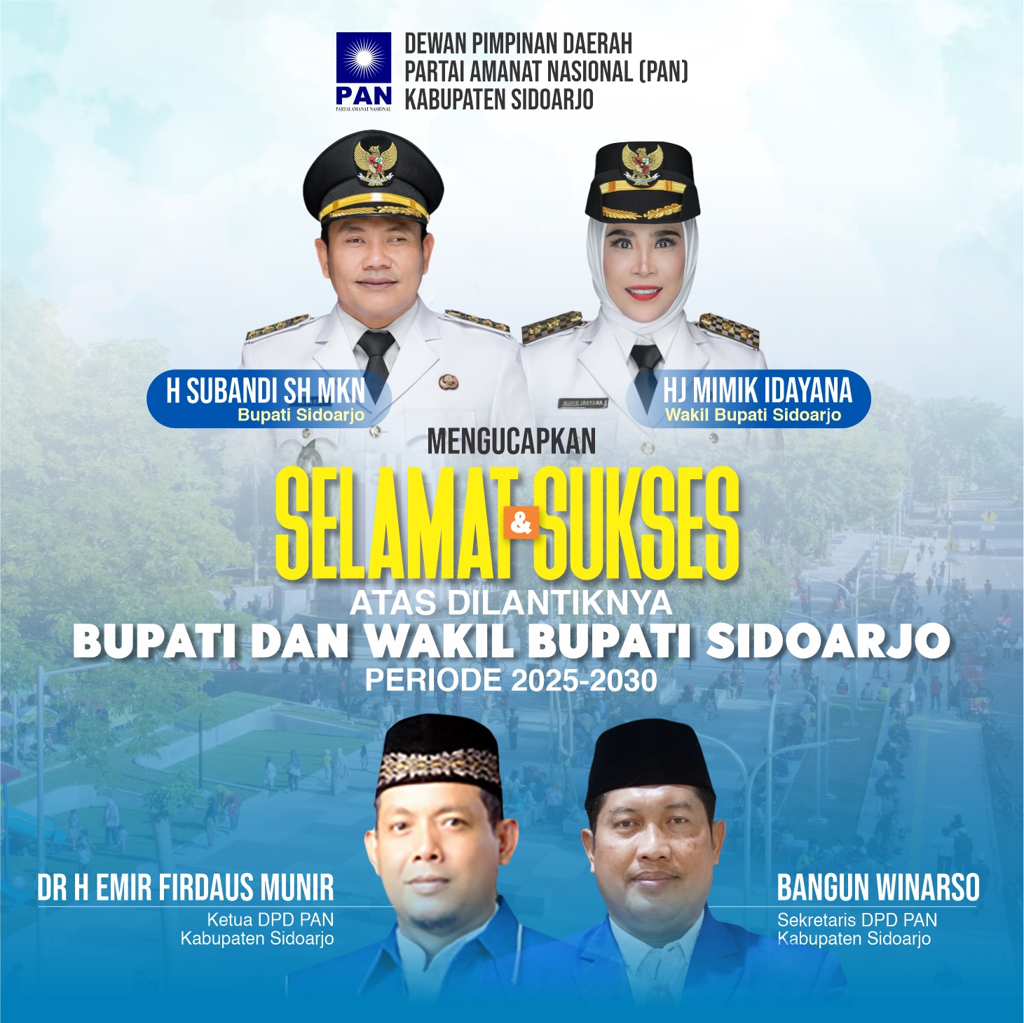 Thumbnail Selamat & Sukses atas dilantiknya Bupati dan Wabup Kab. Sidoarjo Periode 2025-2030 oleh DPD PAN Kab. Sidoarjo