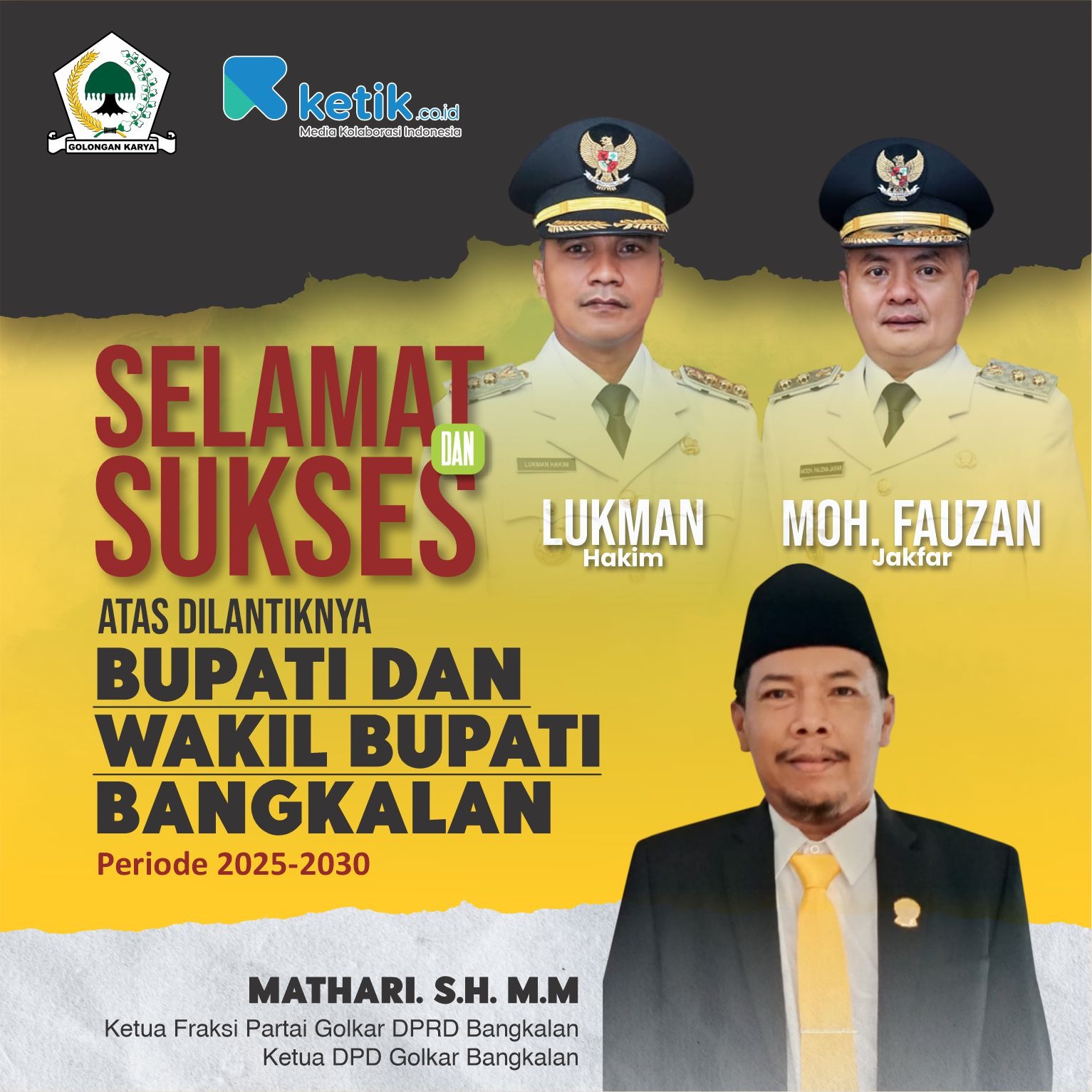 Thumbnail Selamat & Sukses atas dilantiknya Bupati dan Wakil Bupati Bangkalan Periode 2025-2030 oleh Mathari, S.H., M.M