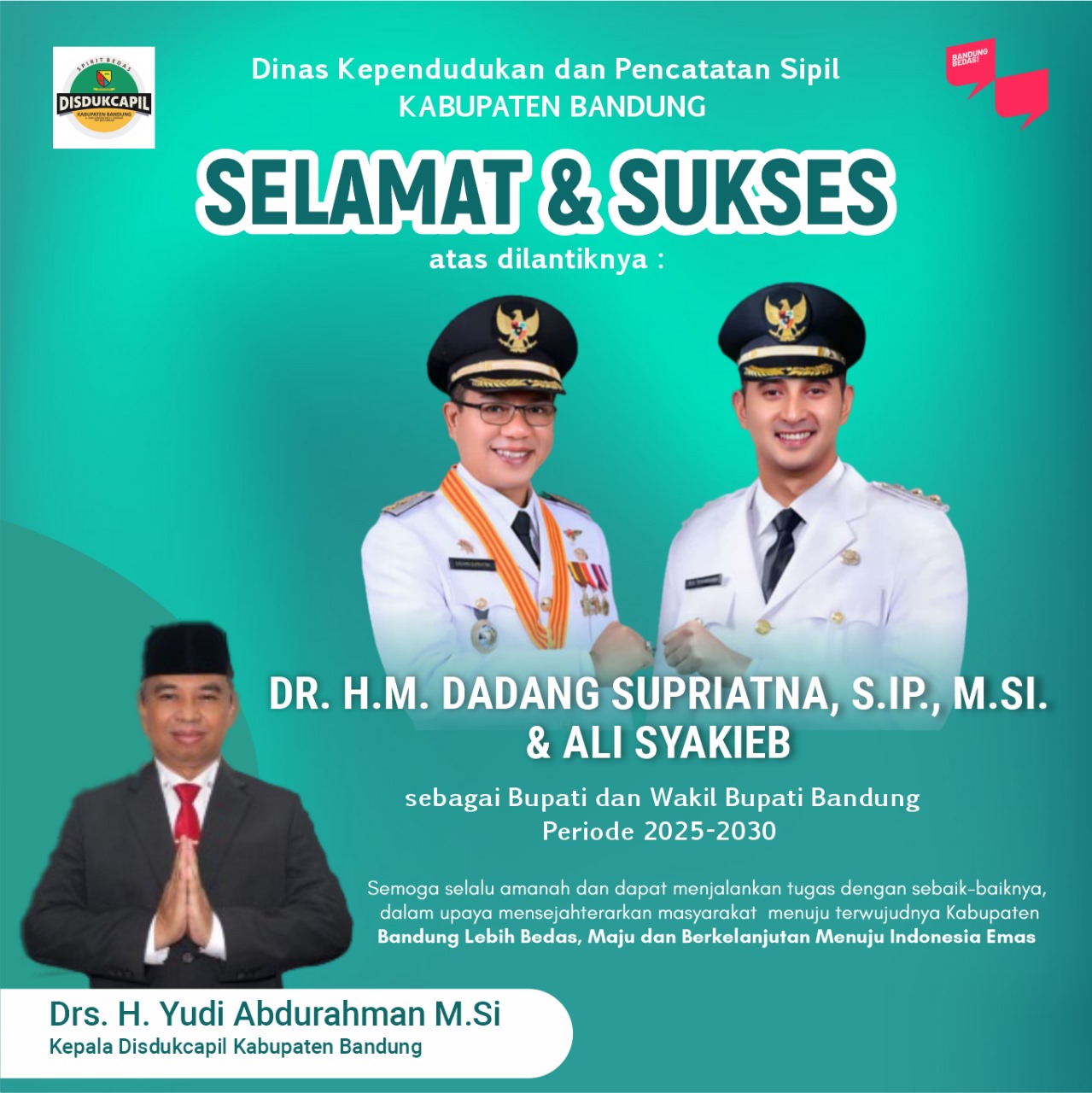 Thumbnail Selamat & Sukses atas dilantiknya Bupati dan Wakil Bupati Bandung Periode 2025-2030 oleh Drs. H. Yudi Abdurahman, M.Si