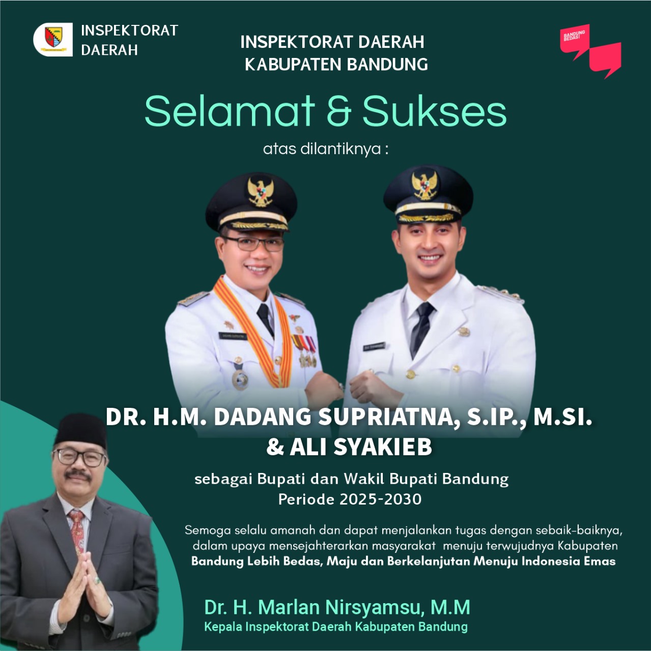 Selamat & Sukses atas dilantiknya Bupati dan Wakil Bupati Bandung Periode 2025-2030 oleh Dr. H. Marlan Nirsyamsu, M.M