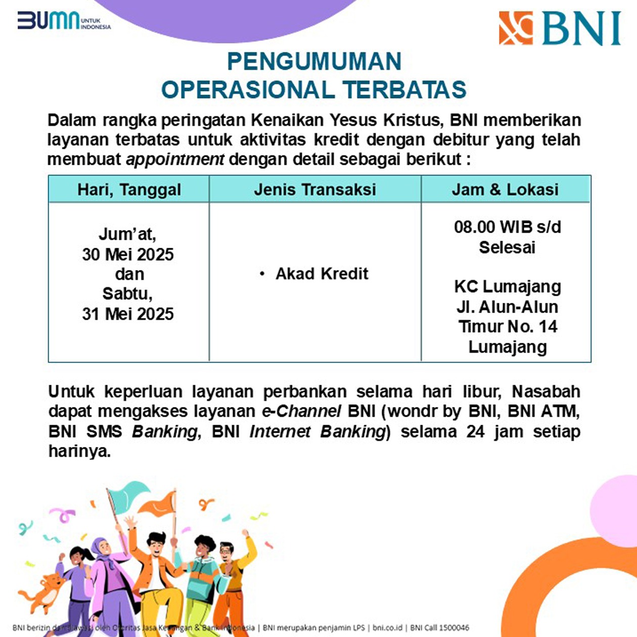 Pengumuman Operasional Terbatas BNI KC Lumajang untuk Tanggal 30 dan 31 Mei 2025