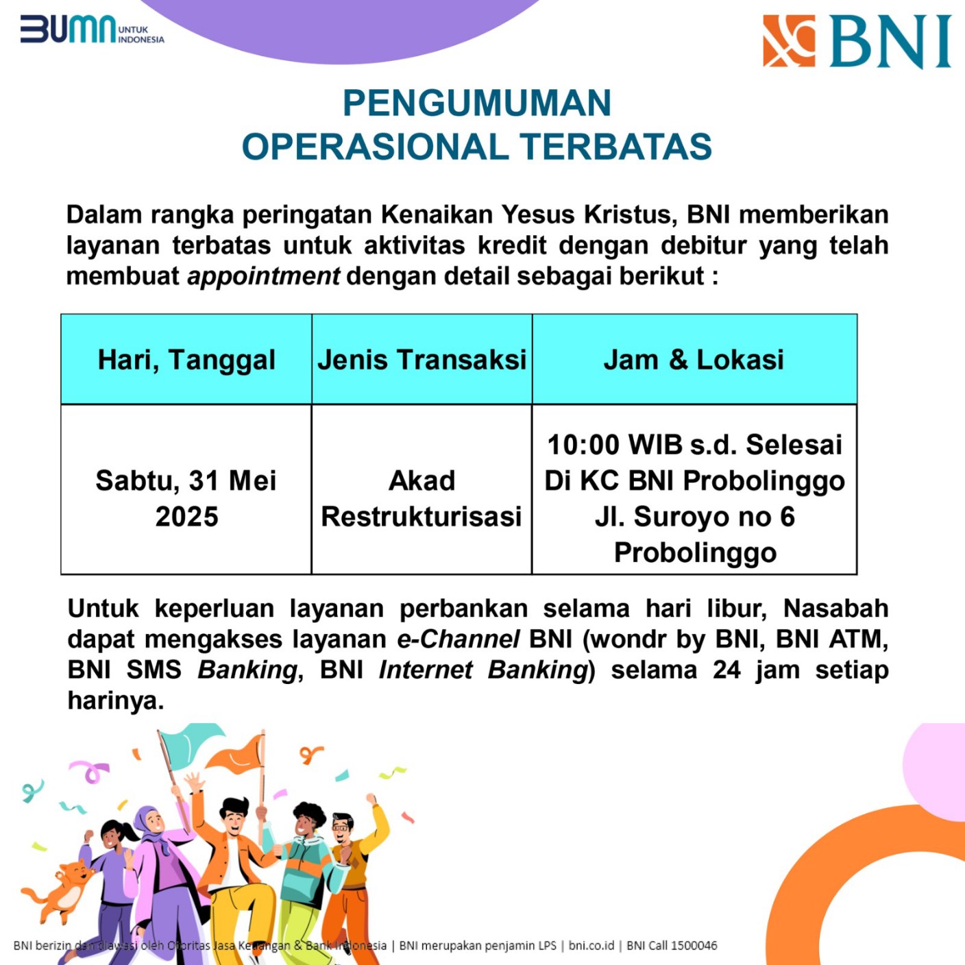 Pengumuman Operasional Terbatas BNI KC Probolinggo untuk Tanggal 31 Mei 2025