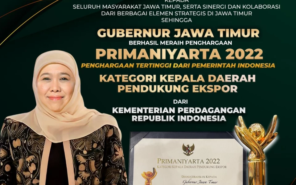 Thumbnail Berita - Gubernur Jatim Raih Penghargaan Primaniyarta dari Kemendag RI
