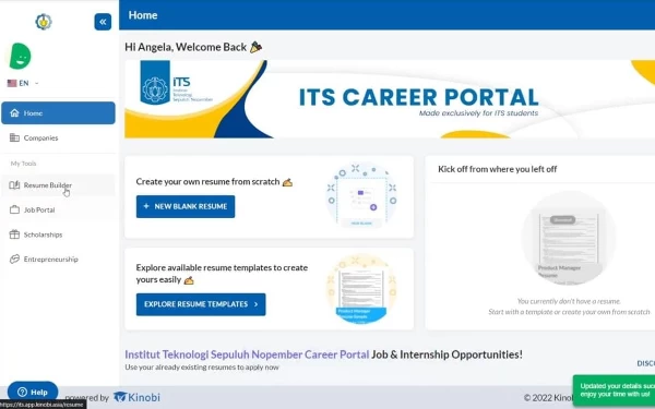 Foto Tampilan muka platform ITS Career Portal yang dapat diakses oleh mahasiswa dan lulusan ITS di laman its.app.kinobi.asia. (Foto: Humas ITS)