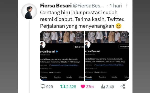 Foto Cuitan Fiersa Besari tentang centang biru Twitter dihapus. (Foto: Tangkapan layar Twitter Fiersa Besari)