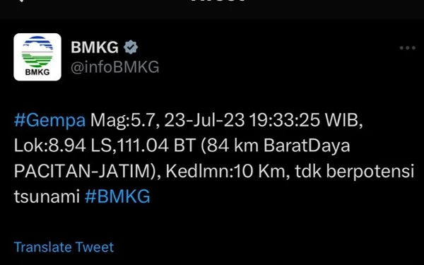 Foto Cuitan BMKG di Twitter, pada Minggu, (23/7/2023). (Foto: Tangkapan Layar.