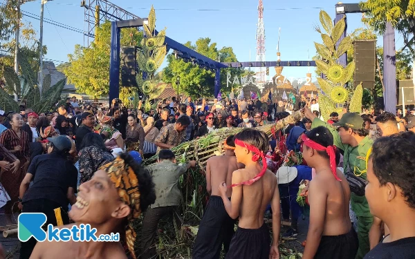 Foto Para penonton menyerbu tumpeng hingga tak tersisa, dalam rangkaian acara ngalap berkah hasil bumi. (Foto: Al Ahmadi/Ketik.co.id)