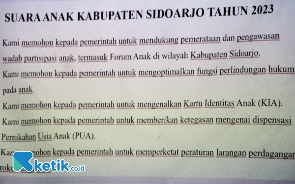 Foto Sebagian suara anak-anak yang disampaikan sebagai ungkapan permohonan kepada pemerintah agar melakukan langkah-langkah untuk melindungi anak-anak. (Foto: Fathur Roziq/Ketik.co.id)