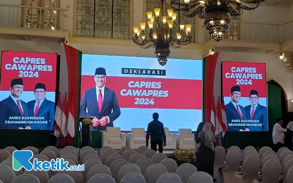 Foto Suasana ruangan deklarasi Capres-Cawapres 2024 Anies Baswedan-Muhaimin Iskandar di Hotel Majapahit Surabaya, Sabtu (2/9/2023).