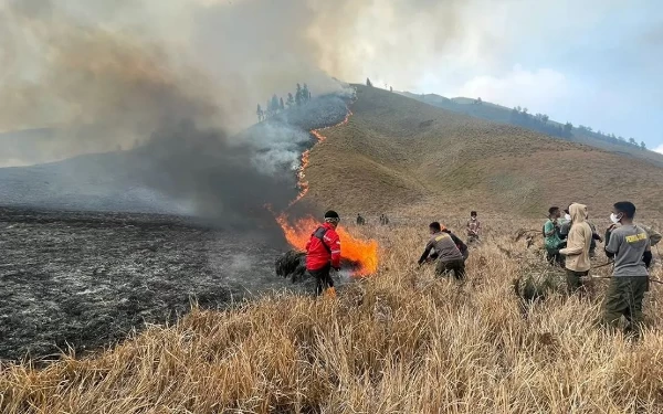 Foto Proses pemadaman api di Gunung Bromo oleh tim. (Foto: akun Instagram @bbtnbromotenggersemeru)