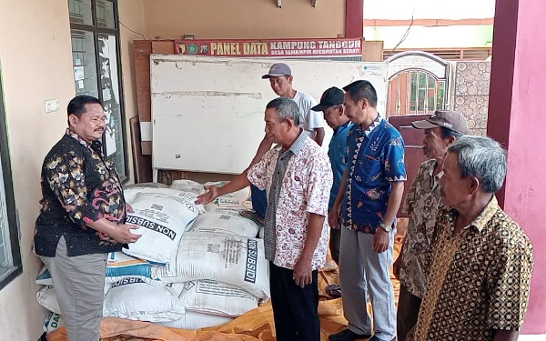 Foto Selain alat pertanian, Pemdes Semampir juga berikan bantuan 3 ton pupuk urea untuk menambah nutrisi tanah.