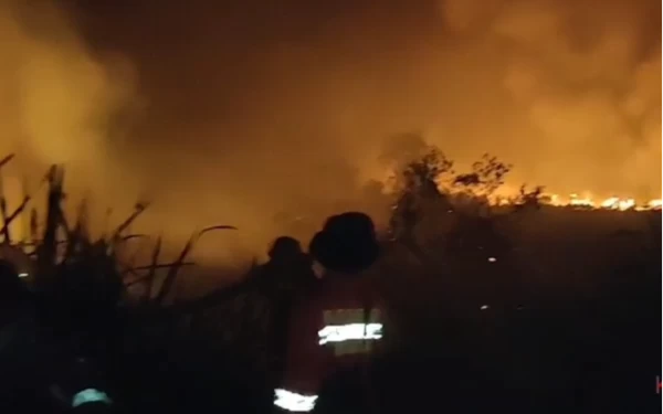 Foto Petugas Manggala Agni dan satgas karhutla gabungan pukul mundur Api yang mengular di Jalan Sriwijaya Raya, Kecamatan Indralaya-Utara Kabupaten Ogan Ilir. Sumsel.