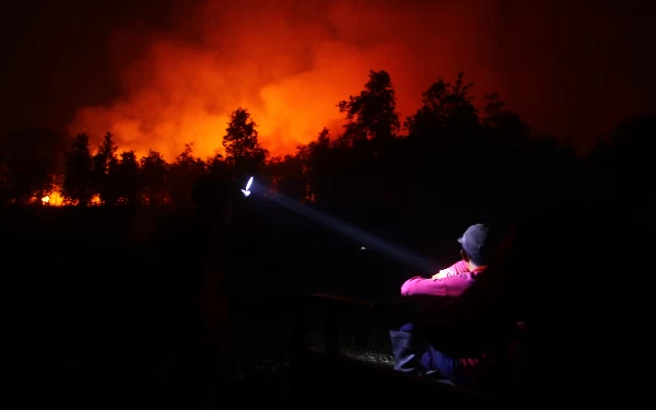 Thumbnail Petugas memantau perkembangan api yang membakar hutan dan kebun Desa Pulau Semambu Kecamatan Indralaya Utara Kebupaten Ogan Ilir, Selasa (10/10/2023). Wahyu R