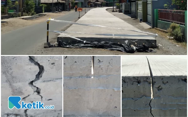 Foto Foto titik jalan beton antara Porong hingga Krembung, Kabupaten Sidoarjo. Ada titik beton yang terlihat retak. Ada pula yang terlihat tidak retak. (Foto: Fathur Roziq/Ketik.co.id)