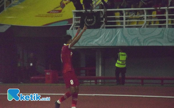 Foto Purwanto Arkhan berselebrasi usai mencetak gol ke gawang Ekuador, Jumat (10/11/2023). (Foto: Khaesar/Ketik.co.id)