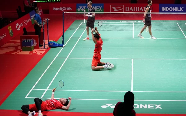 Foto Momen kemenangan ganda putra Indonesia Leo/Daniel di final Indonesia Masters 2024 di Istora Senayan Jakarta (28/1/2024) (Foto: Humas PP PBSI)