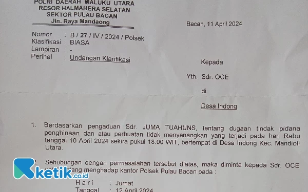 Foto Surat undangan klarifikasi Oce atas laporan Kades Indong (Sumber Oce)