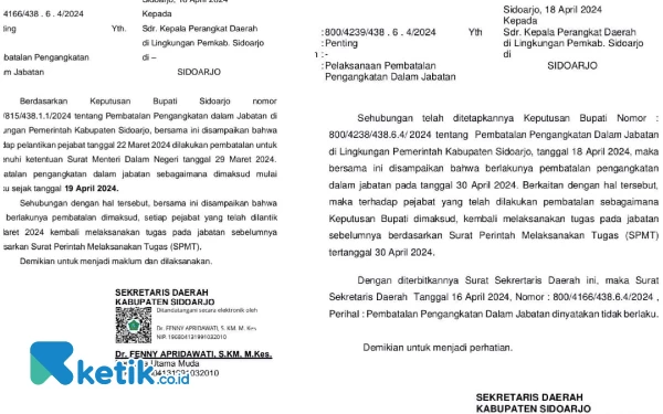 Foto Dua surat Sekda Kabupaten Sidoarjo Dr Fenny Apridawati MKes tentang pembatalan pengangkatan dalam jabatan dan surat tentang pelaksanaan pembatalan dalam jabatan. Kedua surat itu beredar di media sosial. (Foto:  Istimewa)