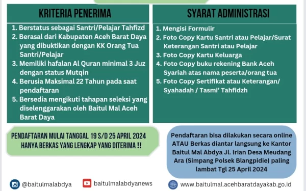 Foto Brosur penerimaan beasiswa bagi penghafal Al-Qur'an di Abdya. Foto: Baitul Mal Abdya