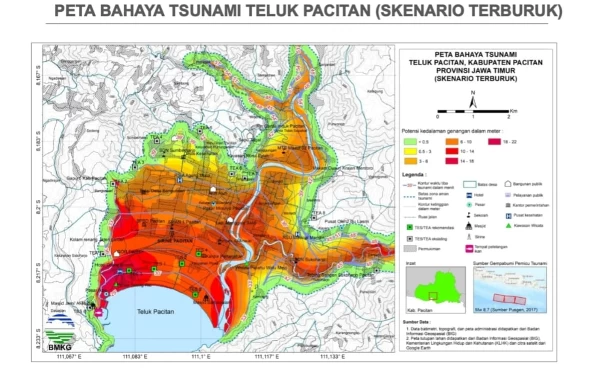 Foto Peta Bahaya Tsunami Teluk Pacitan (Skenario Terburuk)