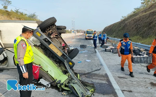 Akibat Ban Pecah, Truk Muatan Ayam Frozen Kecelakaan di Tol Caruban - Kertosono