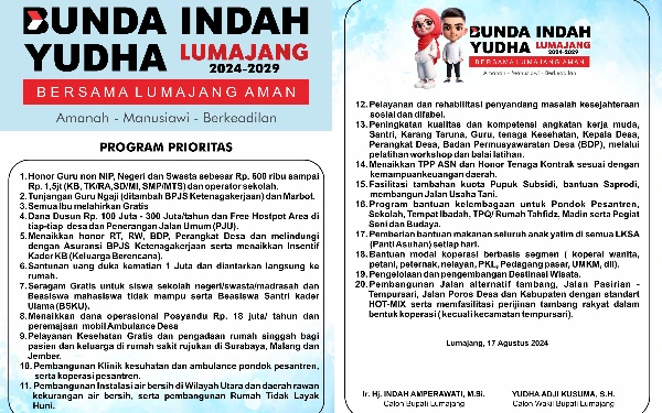 Ini 20 Program Prioritas Bunda Indah-Yudha Jika Terpilih di Pilkada Lumajang