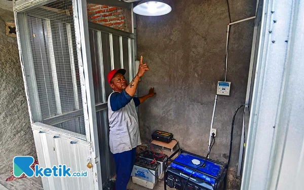 Thumbnail Dalmanto, anggota Pokmas Ngudi Tirto Lestari, menunjuk ke sebuah lampu yang dinyalakan dengan menggunakan genset berbahan bakar biogas hasil olahan dari gulma eceng gondok Waduk Cengklik, Kabupaten Boyolali. Ada sekitar 12 lampu jalan Dukuh Turibang, Desa Sobokerto, Kecamatan Ngemplak, Kabupaten Boyolali yang sumber energi listriknya berasal dari olahan gulma eceng gondok tersebut. Selain sebagai cahaya penerangan jalan, biogas itu juga dimanfaatkan 19 Kepala Keluarga (KK) untuk memasak. Adapun limbah olahan biogasnya dibuat menjadi pupuk organik baik berupa cair maupun padat. (Foto: Achmad Fazeri/Ketik.co.id)