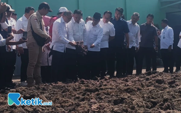 Foto Menko Pangan Zulkifli Hasan didampingi jajaran menteri dan Wakil Bupati Sidoarjo Mimik Idayana melihat gudang penyimpanan rumput laut di Desa Kupang, Kecamatan Jabon, pada Rabu (30 April 2025). (Foto: Fathur Roziq/Ketik.co.id)