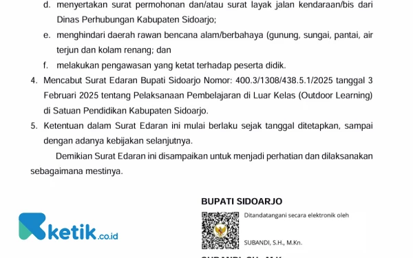 Foto Kutipan SE Nomor: 400.3/4611/438.5.1/2025 tentang Pelaksanaan Pembelajaran di Luar Kelas untuk Satuan Pendidikan di Kabupate Sidoarjo. (Foto: Fathur Roziq/Ketik.co.id)