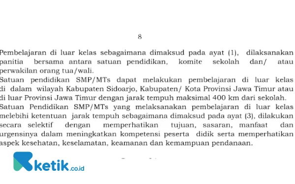 Foto Cuplikan Pasal 14 dalam Perbup No. 29 Tahun 2021 tentang Pembelajaran di Luar Kelas yang mengatur tentang jarak maksimal kegiatan ODL untuk murid-murid SMP.  (Foto: Fathur Roziq/Ketik.co.id)