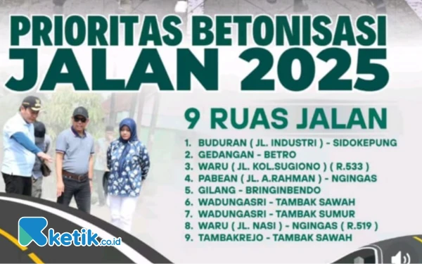 Foto Program betonisasi jalan di Sidoarjo pada 2025 meliputi sembilan ruas jalan. Ditambah dua ruas jalan lain di Kecamatan Sedati dan Kecamatan Waru. (Sumber: Pemkab Sidoarjo)