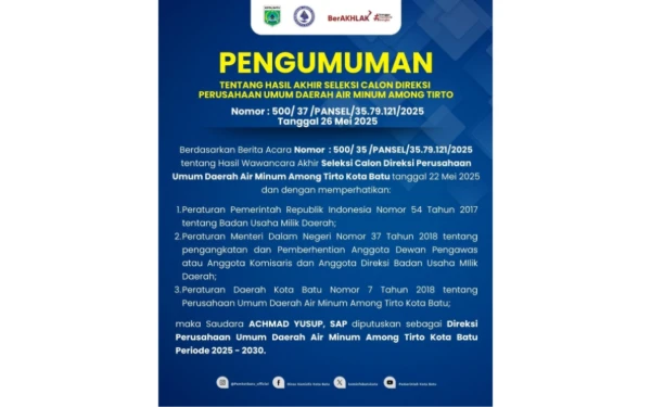 Foto Pengumuman hasil Pansel Direktur Perumdam Among Tirto Kota Batu. (Foto: Pemkot Batu)