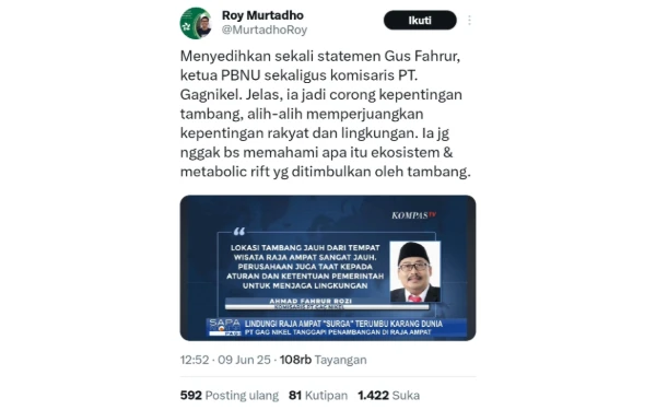 Foto Tangkapan layar akun Roy Murtadho yang menyoroti Gus Fahrur sebagai Komisaris PT Gag Nikel. (Foto: Tangkapan layar)