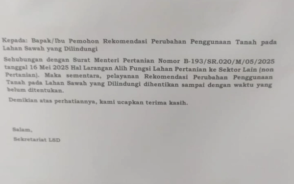 Foto Sikap Pemkab Sleman dalam melayani permohonan pelayanan rekomendasi perubahan penggunaan tanah pada Lahan Sawah yang Dilindungi (LSD). (Foto: Hendra AR/Ketik)