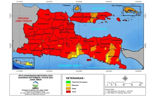 Foto Laporan terbaru dari BMKG Stasiun Klimatologi Kelas II Jawa Timur yang diperbarui pada tanggal 12 September 2023 lalu. Tampak wilayah Pacitan berstatus Awas diberikan kode warna merah. (BMKG)