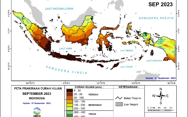 Foto Tampak kondisi pulau jawa diberikan warna hitam, menunjukkan prakiraan curah hujan sangat rendah di beberapa bulan mendatang. (Foto: BMKG)